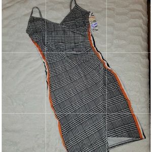 Plaid A Line Fold Over Dress, Orange Side Lines